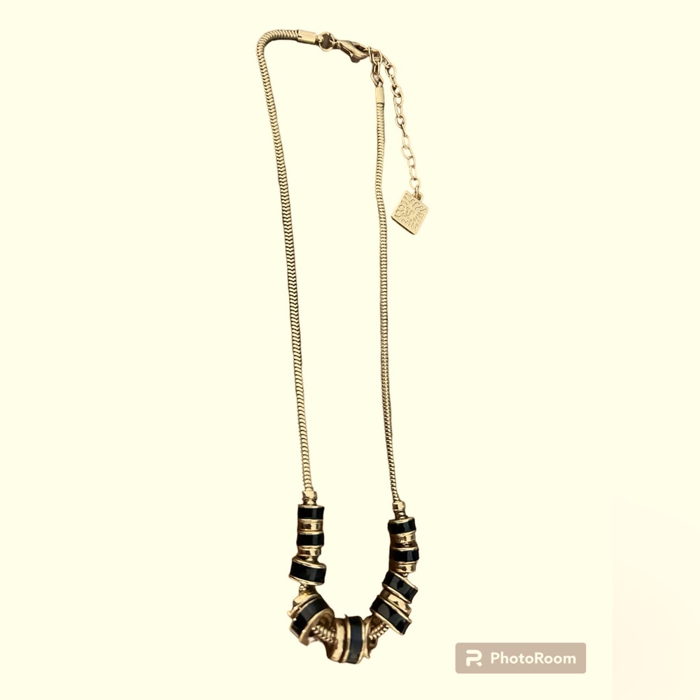 Anne Klein 1980s Inspired Gold Tone Necklace with Chunky Black and Gold Beads